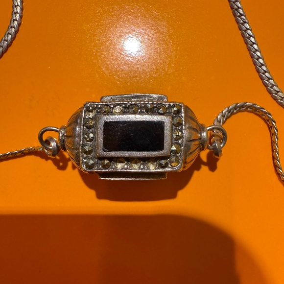 Vintage Sterling Silver Onyx Marcasite Cylinder Prayer Box Necklace 18” - Picture 4 of 12